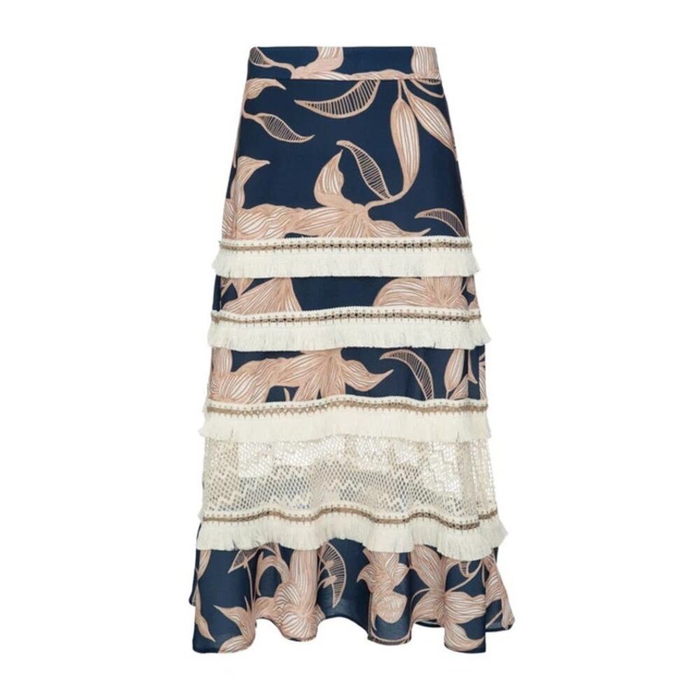NEW PATBO Stargazer Media Skirt Navy Blue Floral Tiered A Line Size 8